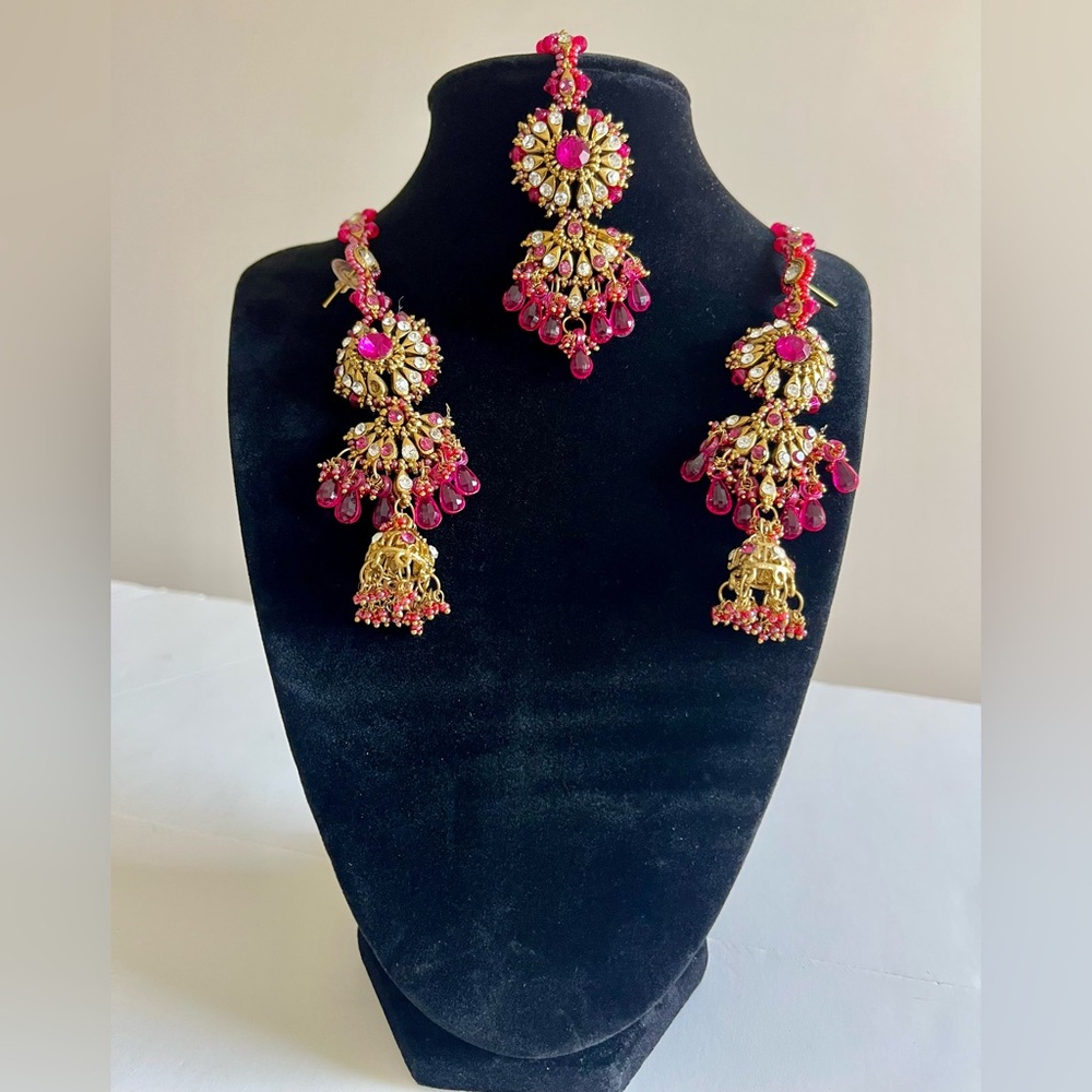 Traditional Kundan & Ruby Pink Jhumka Earring Set with Maang Tikka
